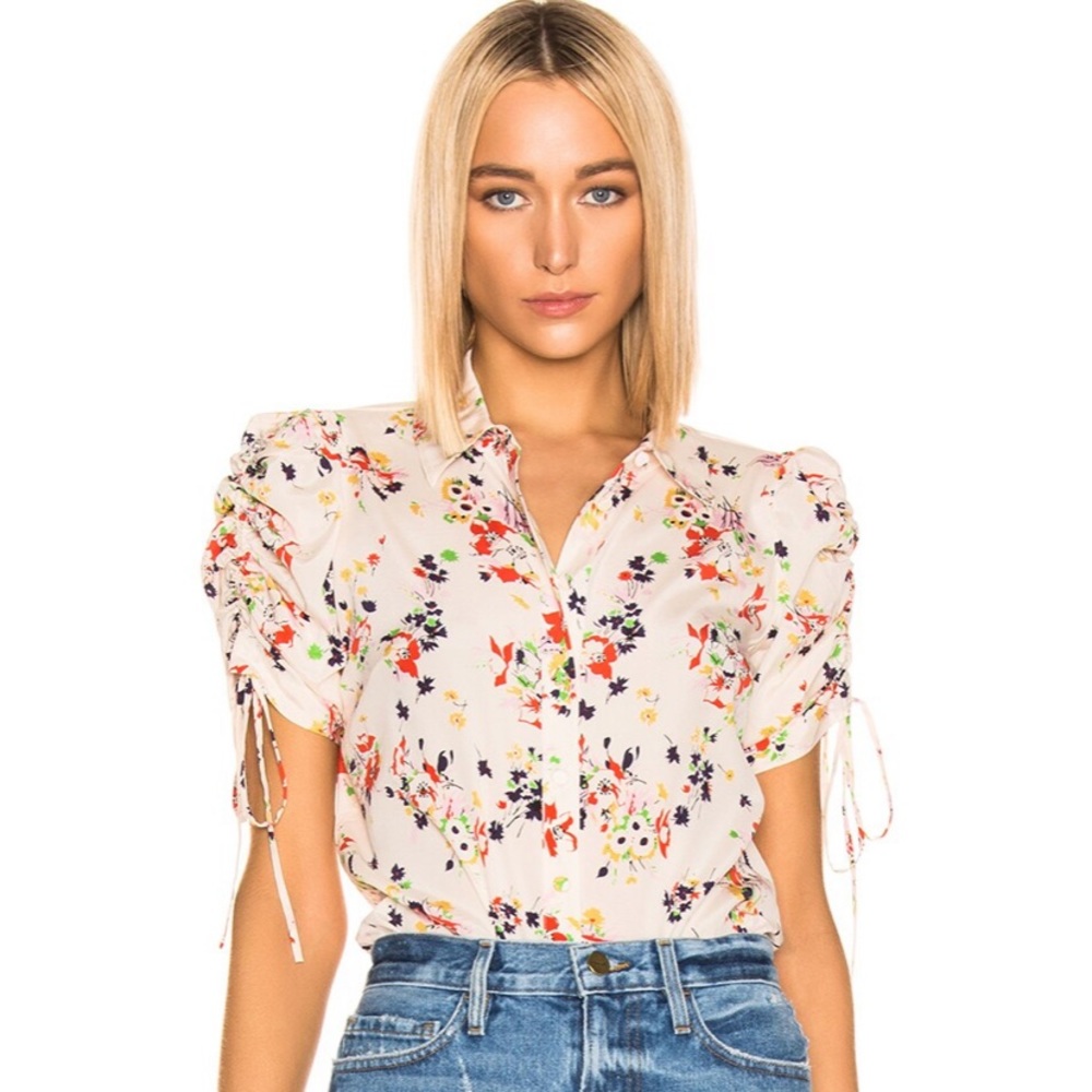 SOLD - Veronica Beard Silk Carmine Ruched Sleeve Floral Blouse Size 2